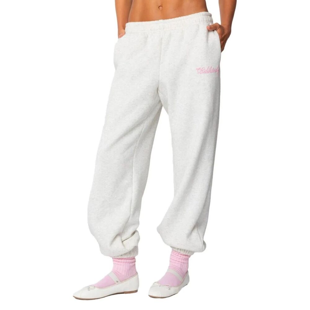 Edikted Sasha Bow Detail Wide Leg Sweatpants Gray Heather Pink Script Logo XS